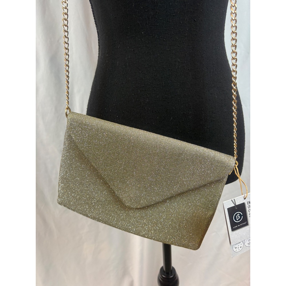 Live In Style Gold Glitter Envelope Crossbody Clutch‎ Bag Evening Wedding NEW